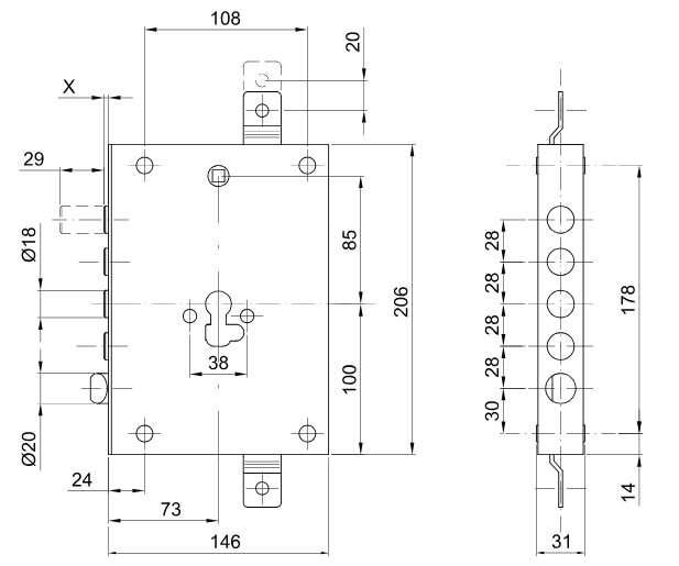 Zamek CIPIERRE 4-ryglowy 50128 / 70128 – antywłamaniowy - obrazek 2